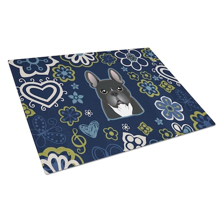 Blue Flowers French Bulldog Glass Cutting Board Large